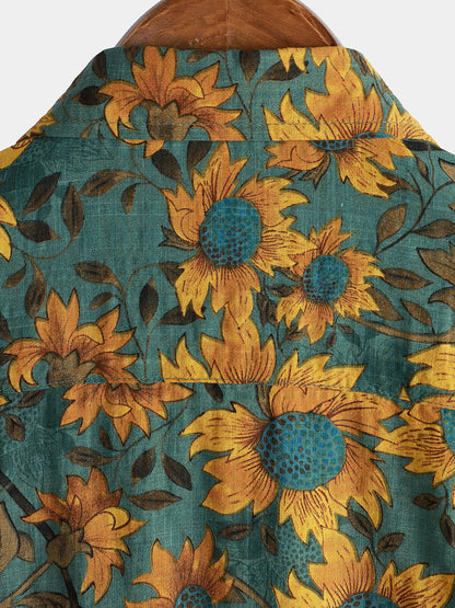 Men's Retro Sunflower Breathable Cotton Short Sleeve Summer Shirt