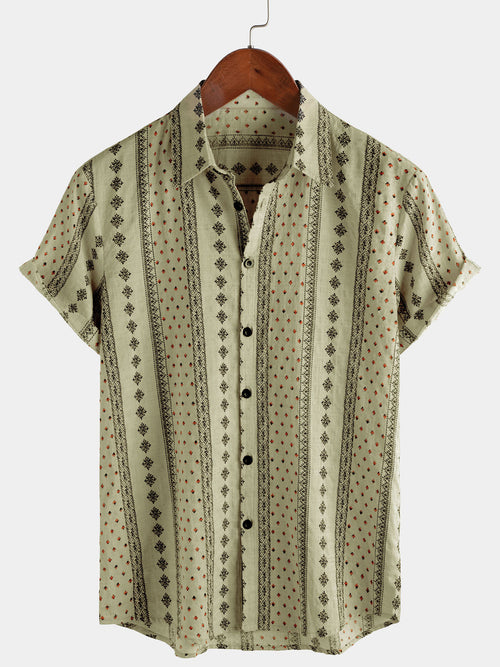Men's Retro Khaki Striped Print Button Up 70s Vintage Short Sleeve Shirt