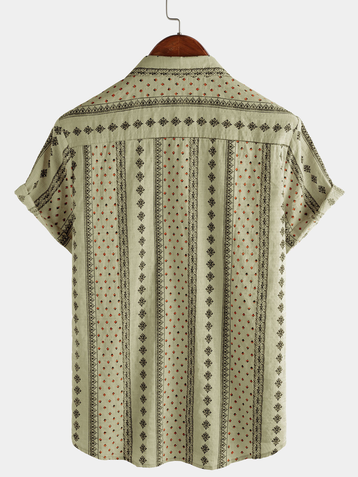 Men's Retro Khaki Striped Print Button Up 70s Vintage Short Sleeve Shirt
