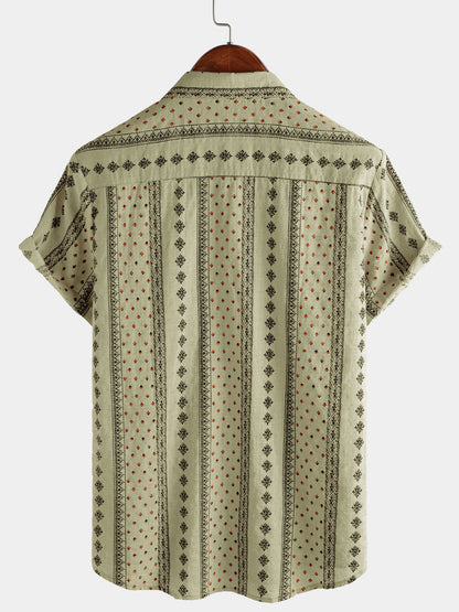 Men's Retro Khaki Striped Print Button Up 70s Vintage Short Sleeve Shirt