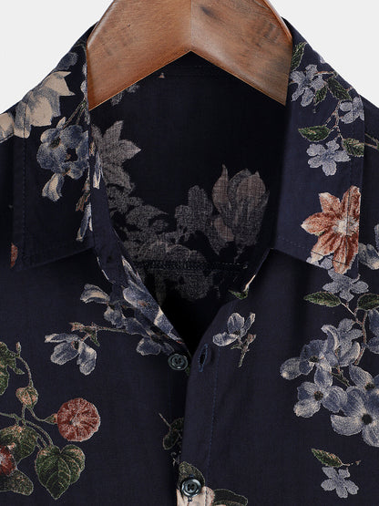 Men's Vintage Navy Blue Holiday Summer Floral Beach Rayon Short Sleeve Shirt