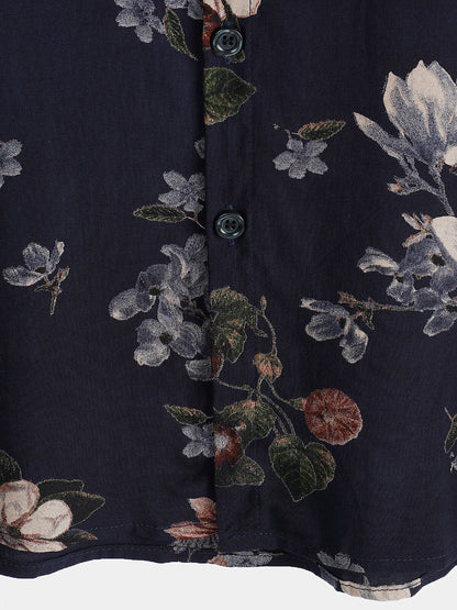 Men's Vintage Navy Blue Holiday Summer Floral Beach Rayon Short Sleeve Shirt