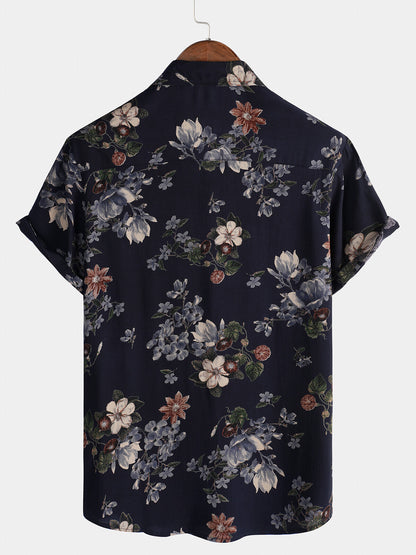 Men's Vintage Navy Blue Holiday Summer Floral Beach Rayon Short Sleeve Shirt