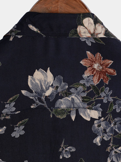 Men's Vintage Navy Blue Holiday Summer Floral Beach Rayon Short Sleeve Shirt