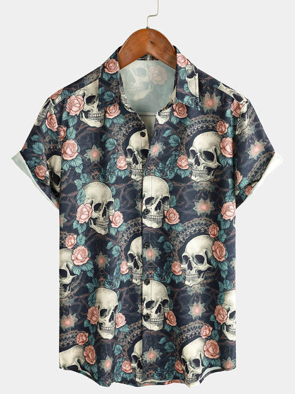 Men's Cool Skull Punk Rock Holiday Beach Short Sleeve Summer Shirt
