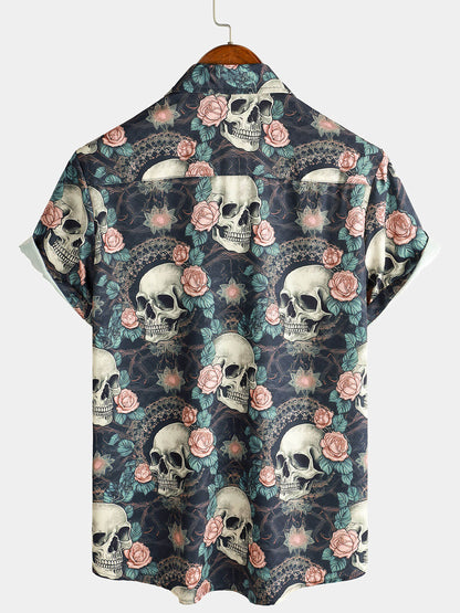 Men's Cool Skull Punk Rock Holiday Beach Short Sleeve Summer Shirt