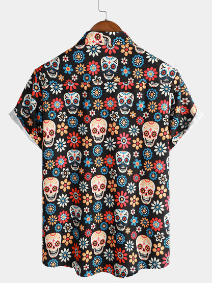 Men's Sugar Skull Punk Rock Holiday Cool Beach Short Sleeve Summer Shirt