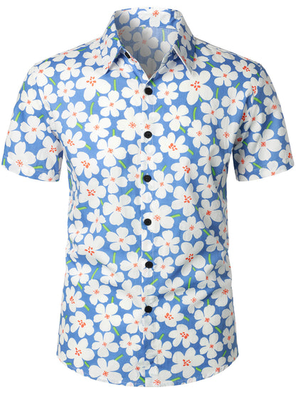 Men's Summer Floral Print Holiday Flower Resort Casual Lapel Light Blue Short Sleeve Shirt