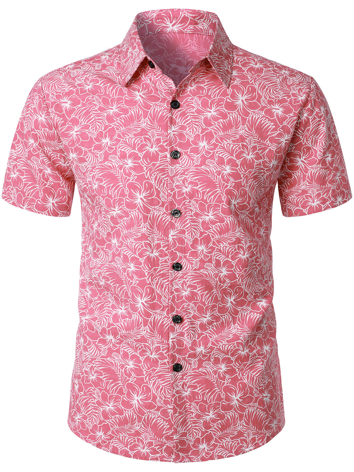 Men's Cotton Floral Holiday Flower Print Button Up Beach Pink Hawaiian Short Sleeve Shirt