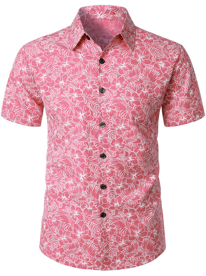 Men's Cotton Floral Holiday Flower Print Button Up Beach Pink Hawaiian Short Sleeve Shirt
