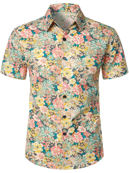Men's Vintage Floral Cotton Button Up Short Sleeve Shirt