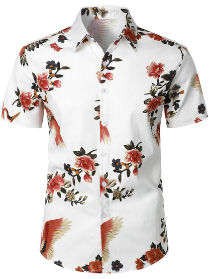 Men's Cotton Floral Casual Flower Print Hawaiian Button Up Beach Short Sleeve Shirt