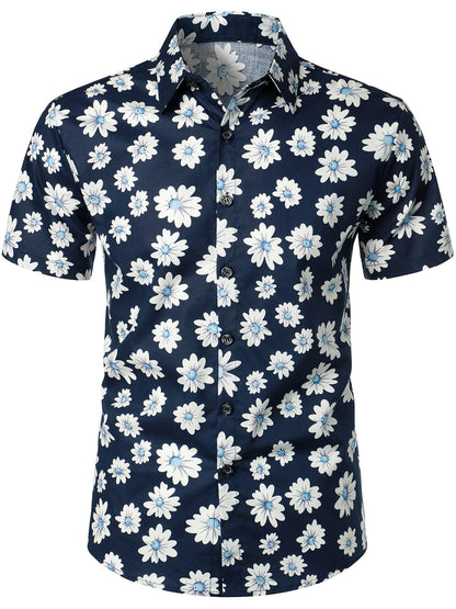 Men's Navy Blue Daisy Hawaiian Short Sleeve Shirt