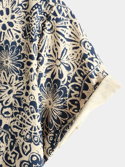 Men's Retro Floral Pocket Short Sleeve 70s Paisley Print Vintage Button Up Shirt