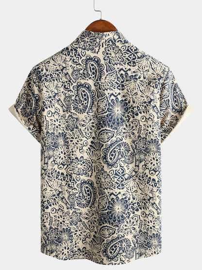Men's Retro Floral Pocket Short Sleeve 70s Paisley Print Vintage Button Up Shirt