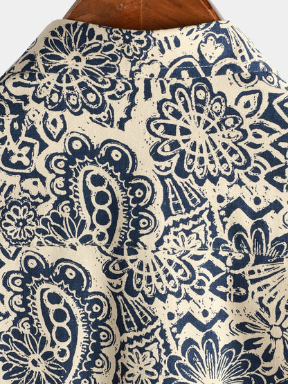Men's Retro Floral Pocket Short Sleeve 70s Paisley Print Vintage Button Up Shirt