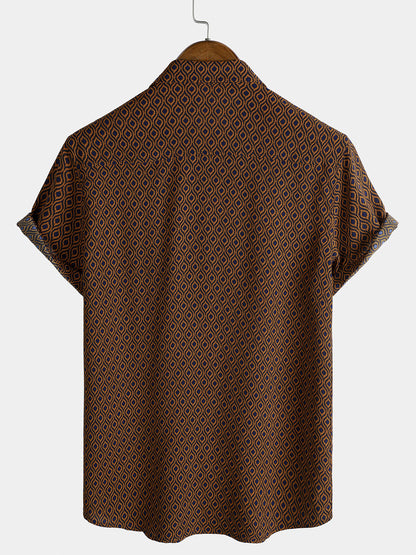 Men's Casual Holiday Brown Short Sleeve Button Up Retro Shirt