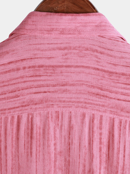 Men's Breathable Short Sleeve Pocket Pink Striped Shirt