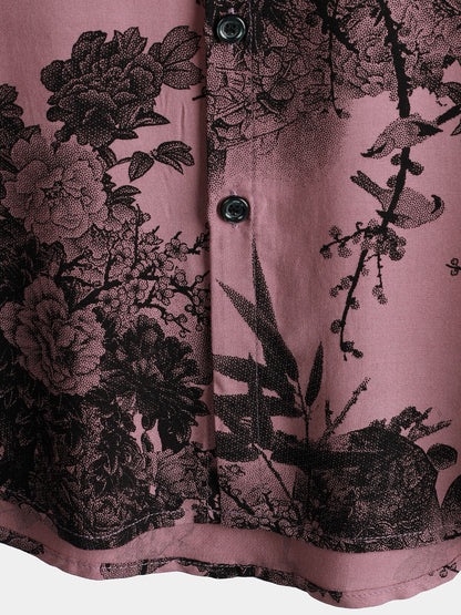 Men's Bamboo Floral Cool Summer Hawaiian Rayon Pink Button Up Short Sleeve Shirt