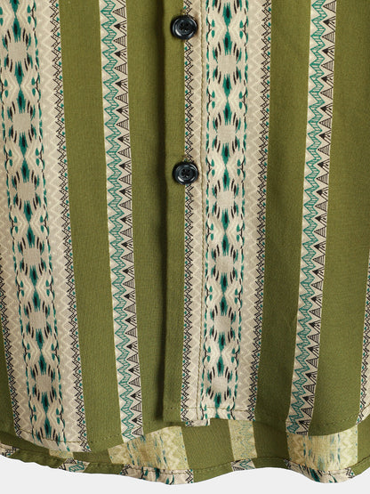 Men's Green Striped Vintage Short Sleeve 70s Aztec Print Western Button Retro Shirt