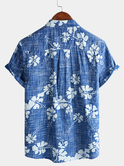 Men's Blue Floral Vintage Short Sleeve Button Up Beach Tropical Hawaiian Shirt