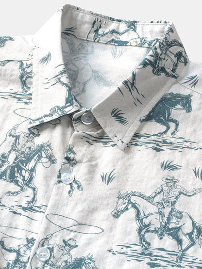 Men's Horse Print Cowboy Button Up Holiday Short Sleeve Shirt