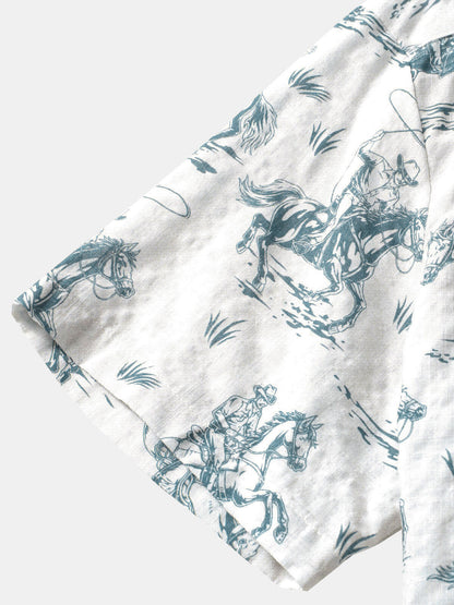 Men's Horse Print Cowboy Button Up Holiday Short Sleeve Shirt