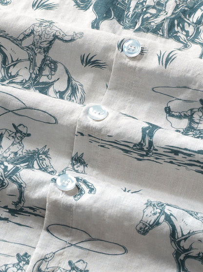 Men's Horse Print Cowboy Button Up Holiday Short Sleeve Shirt