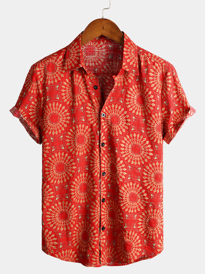 Men's Cotton Vintage 70s Floral Retro Button Up Green Summer Beach Bohemian Boho Short Sleeve Shirt