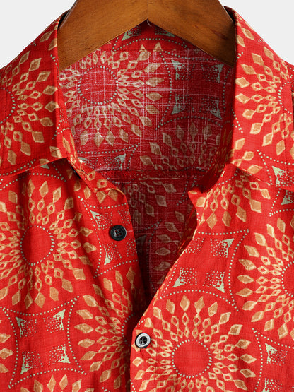 Men's Vintage Short Sleeve Cotton Boho 70s Leisure Button Up Hawaiian Shirt