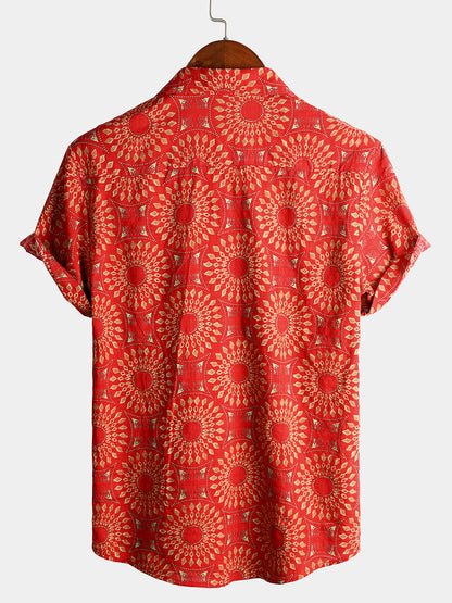 Men's Vintage Short Sleeve Cotton Boho 70s Leisure Button Up Hawaiian Shirt