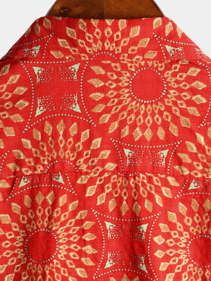 Men's Vintage Short Sleeve Cotton Boho 70s Leisure Button Up Hawaiian Shirt