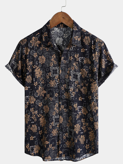 Men's Vintage Floral Print Bohemian Beach Short Sleeve Shirt