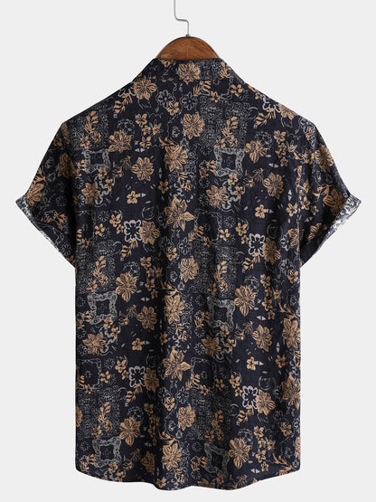 Men's Vintage Floral Print Bohemian Beach Short Sleeve Shirt