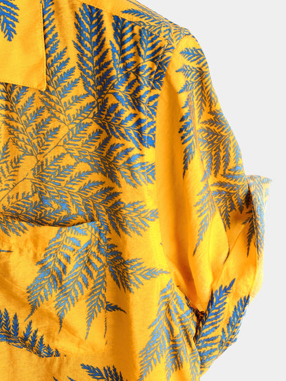 Men's Tropical Leaf Print Hawaiian Pocket Collared Top Cotton Button Up Short Sleeve Shirt