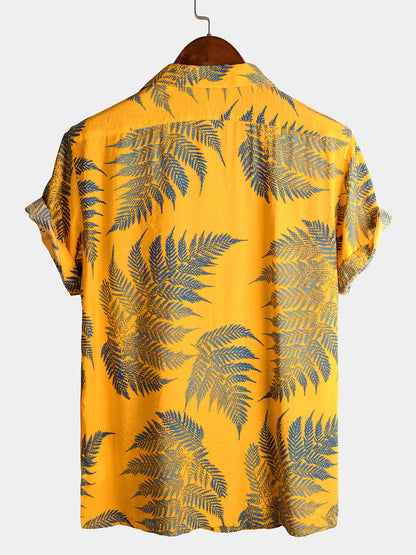 Men's Tropical Leaf Print Hawaiian Pocket Collared Top Cotton Button Up Short Sleeve Shirt