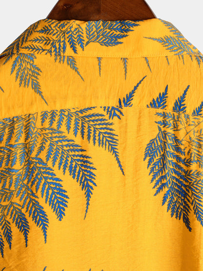 Men's Tropical Leaf Print Hawaiian Pocket Collared Top Cotton Button Up Short Sleeve Shirt