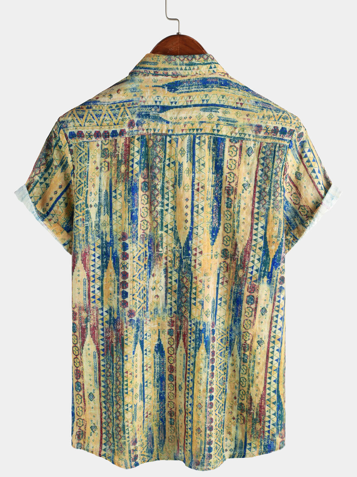 Men's Retro Striped Yellow Button Up Short Sleeve Shirt