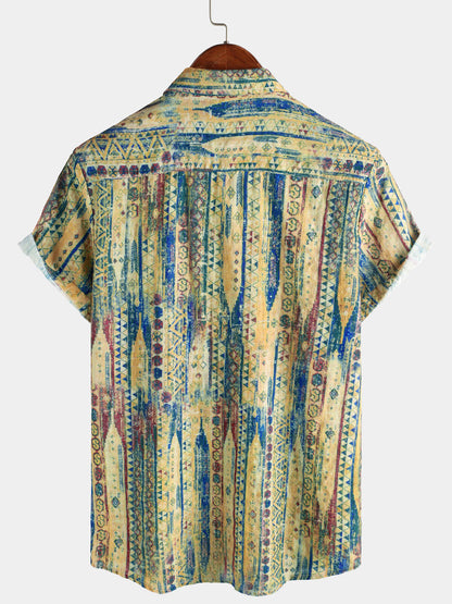 Men's Retro Striped Yellow Button Up Short Sleeve Shirt