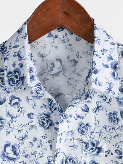 Men's Blue Rose Print Breathable Cotton Island Cruise Summer Holiday Resort Shirt