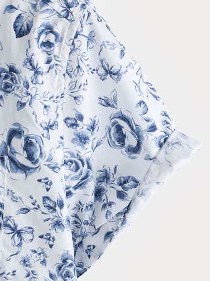 Men's Blue Rose Print Breathable Cotton Island Cruise Summer Holiday Resort Shirt