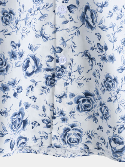Men's Blue Rose Print Breathable Cotton Island Cruise Summer Holiday Resort Shirt