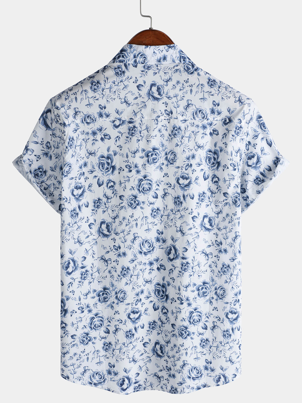Men's Blue Rose Print Breathable Cotton Island Cruise Summer Holiday Resort Shirt