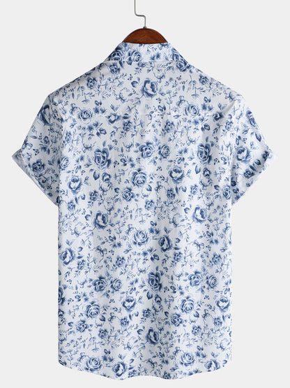 Men's Blue Rose Print Breathable Cotton Island Cruise Summer Holiday Resort Shirt
