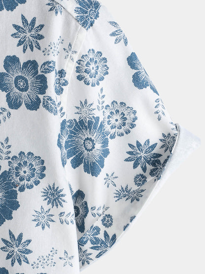 Men's Blue Daisy Print Breathable Cotton Island Cruise Summer Holiday Resort Shirt