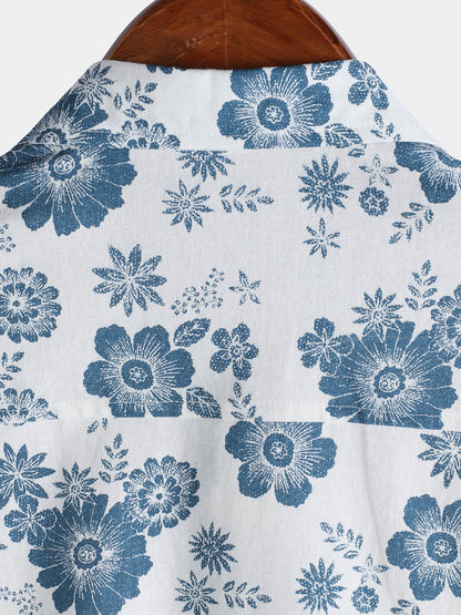 Men's Blue Daisy Print Breathable Cotton Island Cruise Summer Holiday Resort Shirt
