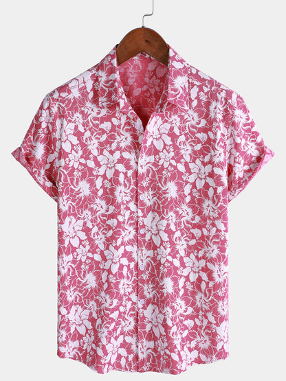 Men's Cotton Holiday Floral Print Hawaiian Beach Short Sleeve Shirt