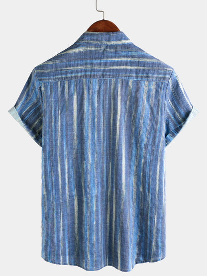Men's Retro Blue Striped Holiday Short Sleeve Shirt
