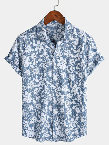 Men's Holiday Floral Print Hawaiian Beach Cotton Short Sleeve Shirt