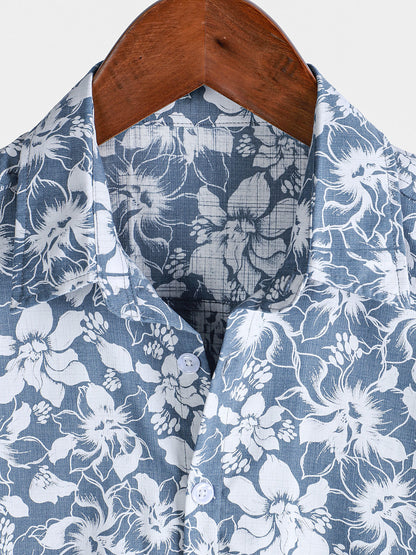 Men's Holiday Floral Print Hawaiian Beach Cotton Short Sleeve Shirt